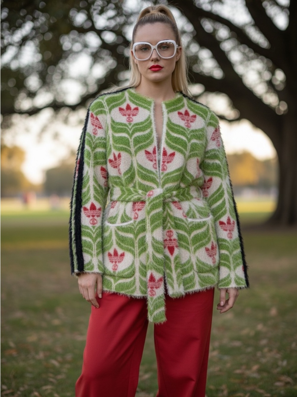 Gucci Adidas Green, White & Red Fuzzy Logo Zip Cardigan